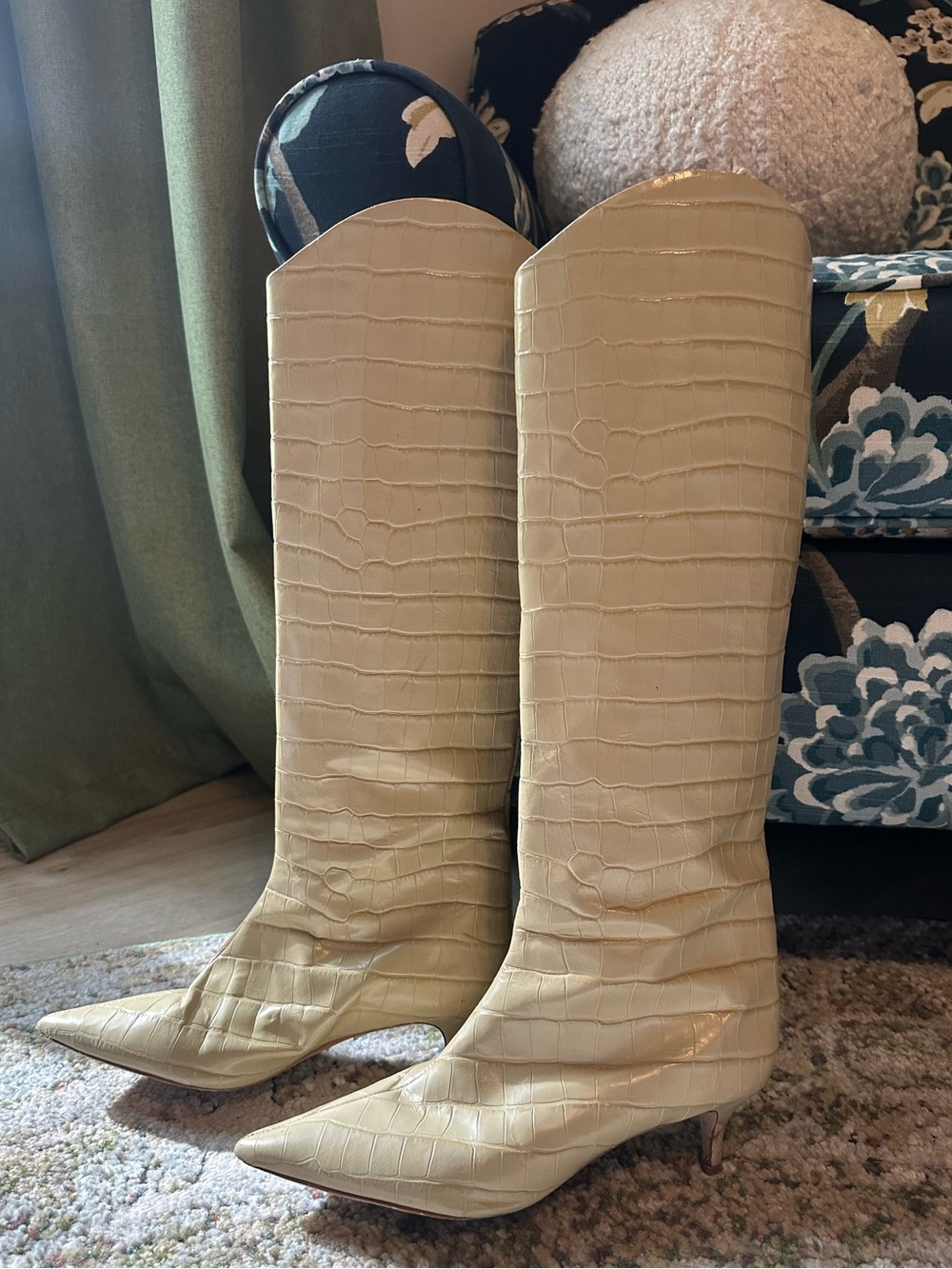 Knee-High Croc-Embossed Kitten Heel Boot in Cream - Picture 3 of 5